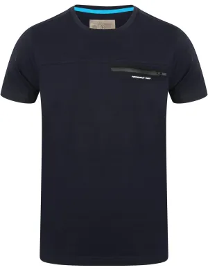 Adachi Crew Neck Cotton T-Shirt with Zip Chest Pocket In Navy - Dissident