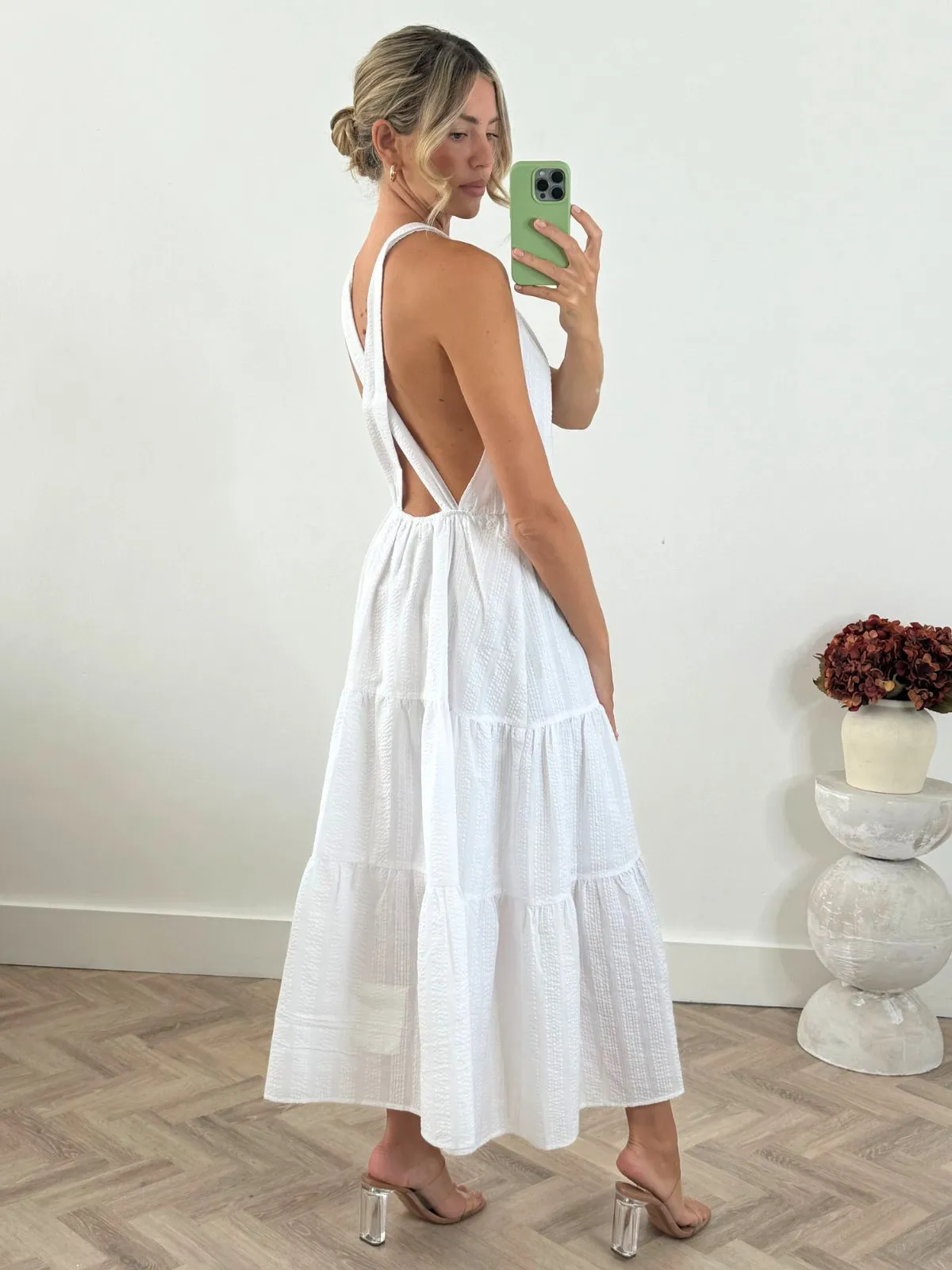 Aubrey Cross Back Midi Smock Dress in White