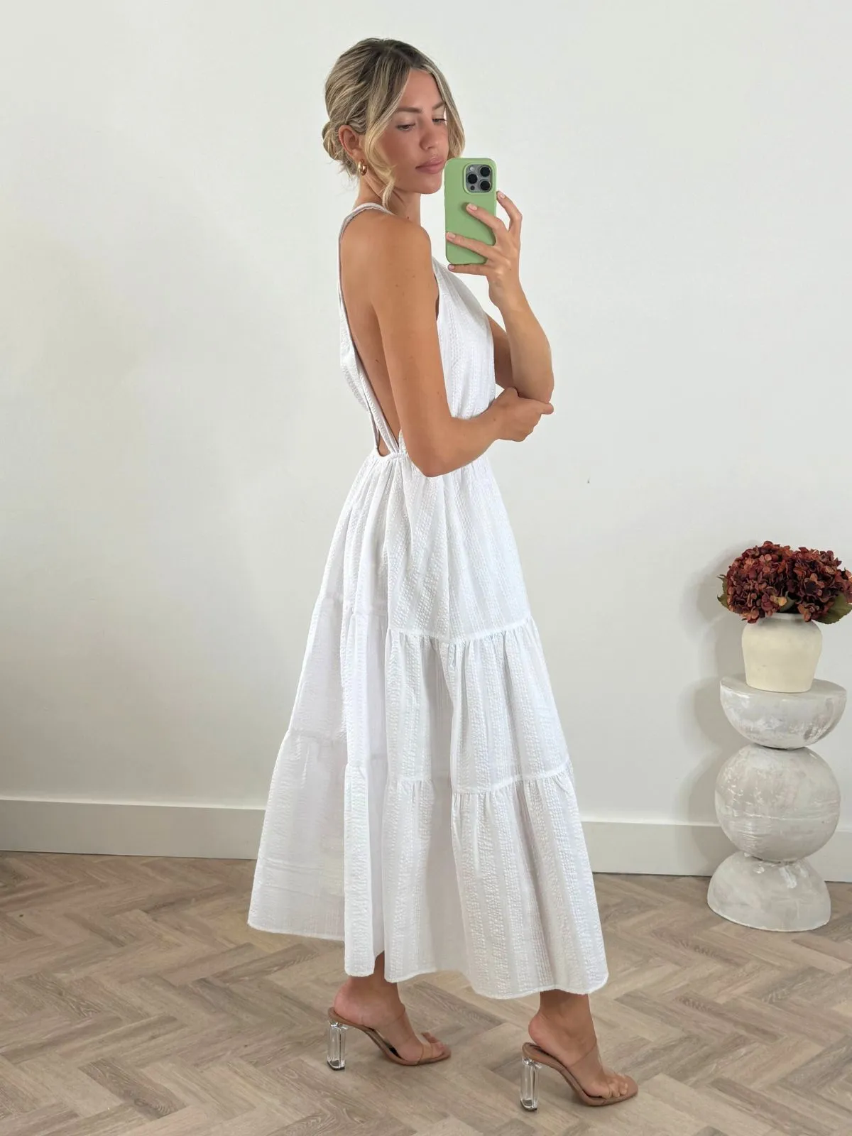Aubrey Cross Back Midi Smock Dress in White