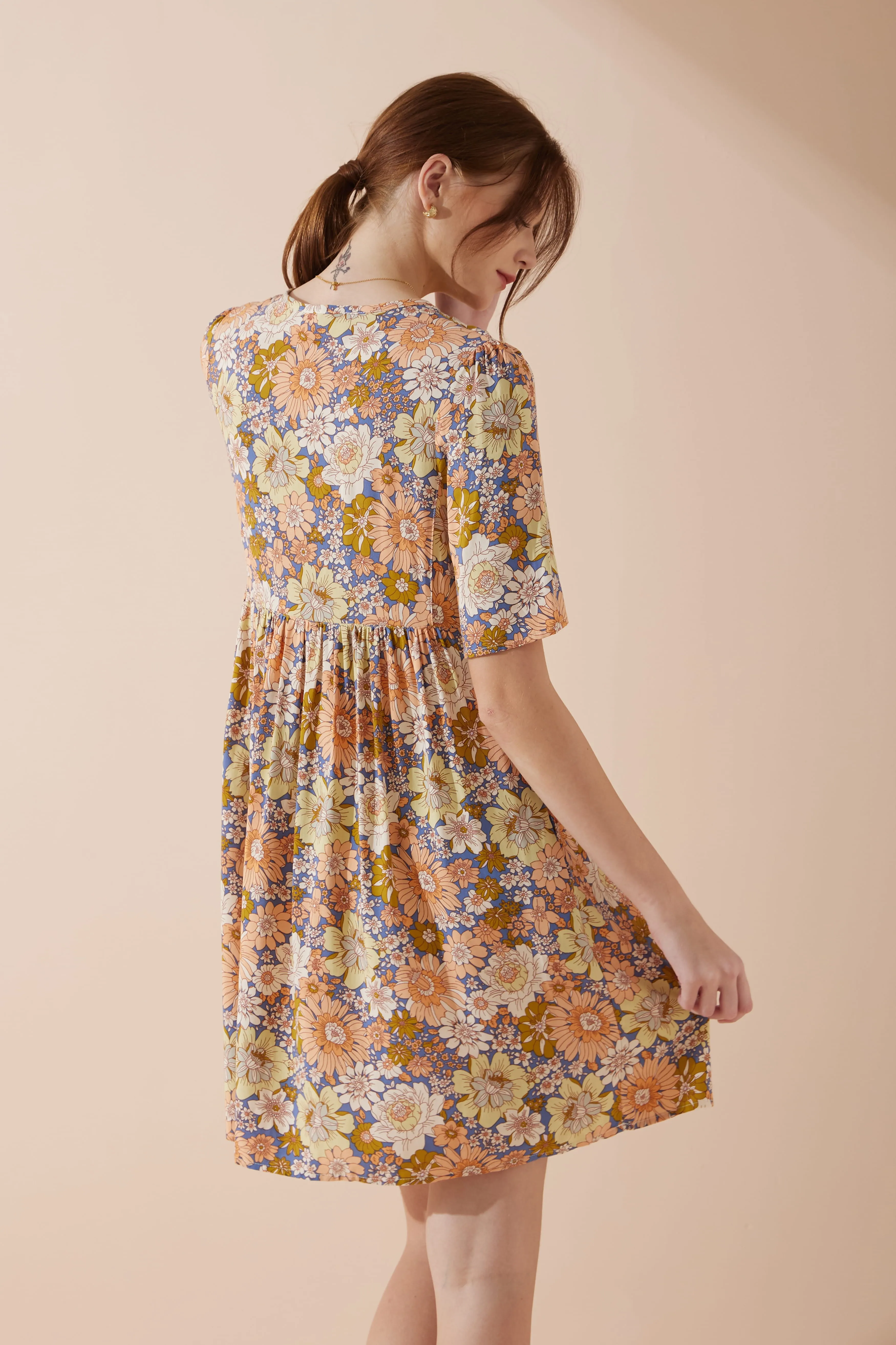 Aurelie Orange Blue Floral V-Neck Mini Dress