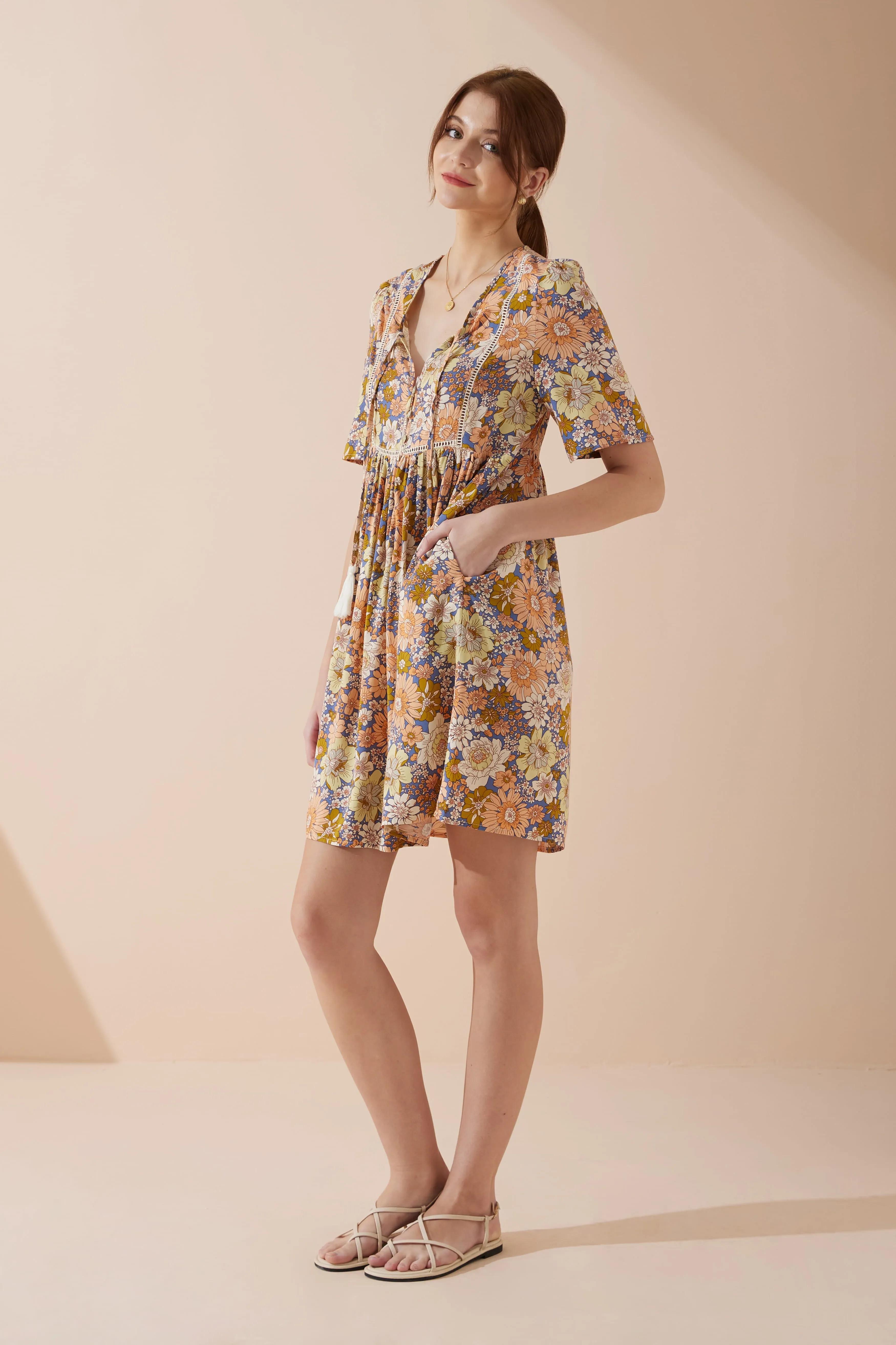 Aurelie Orange Blue Floral V-Neck Mini Dress