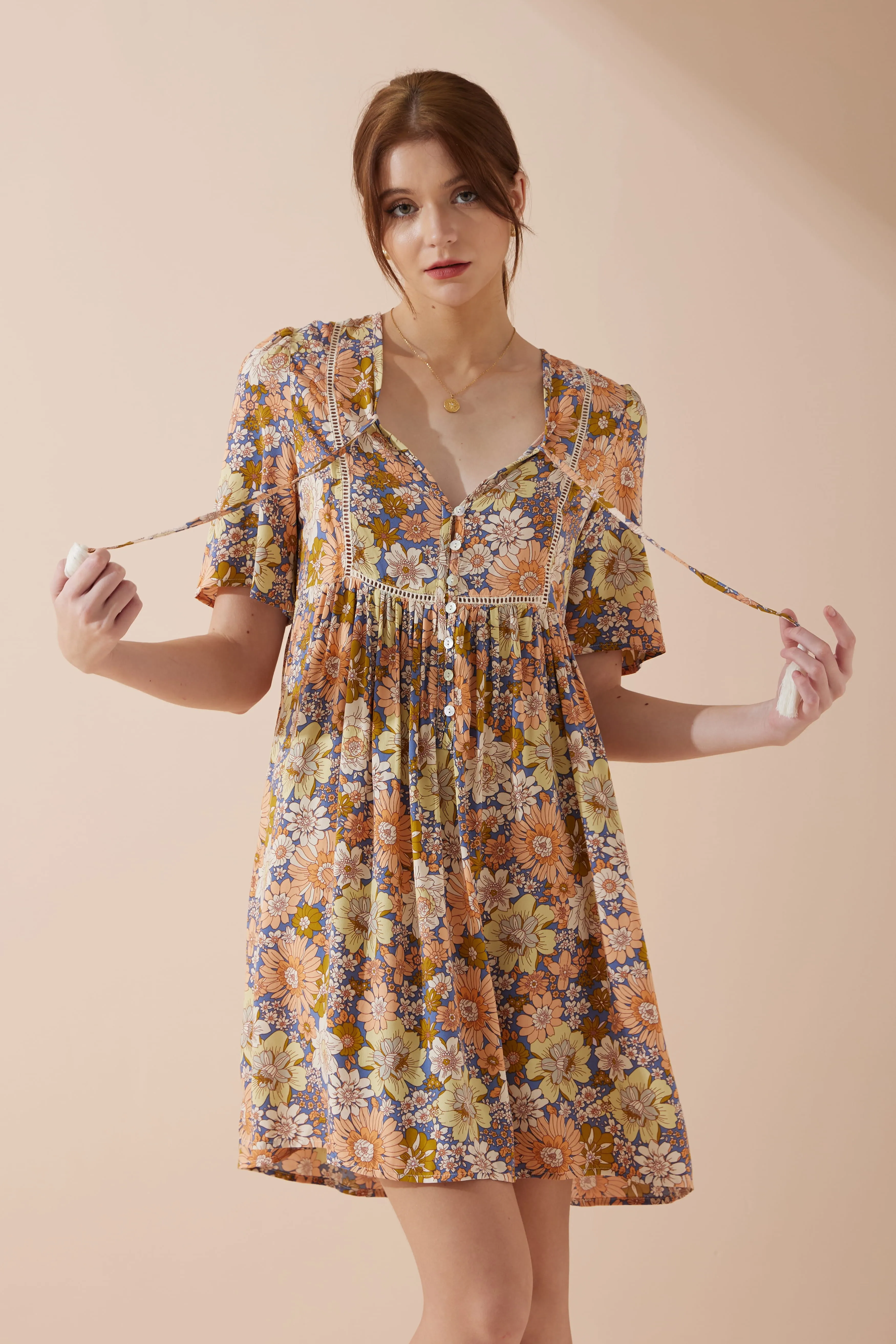 Aurelie Orange Blue Floral V-Neck Mini Dress