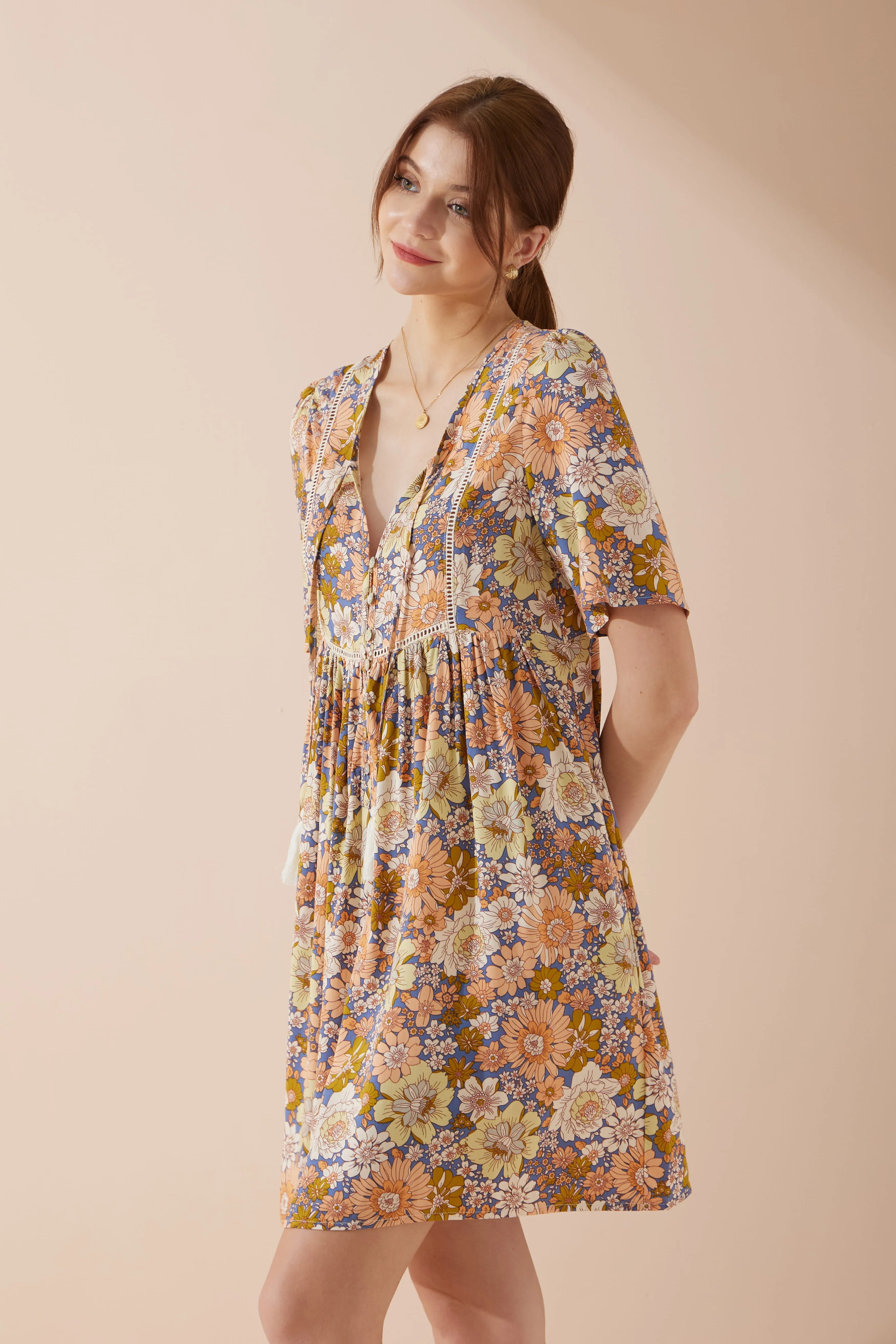 Aurelie Orange Blue Floral V-Neck Mini Dress