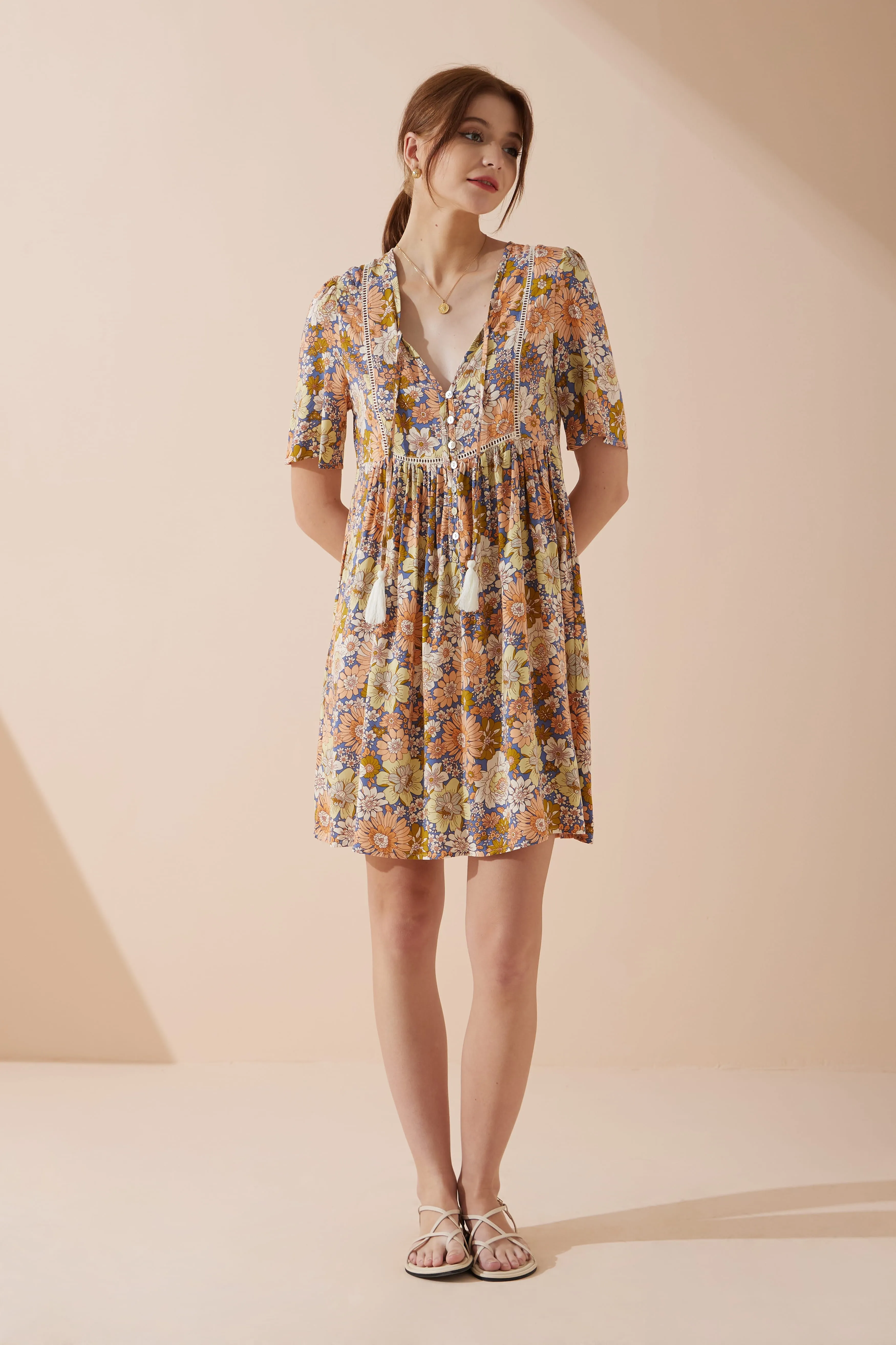 Aurelie Orange Blue Floral V-Neck Mini Dress