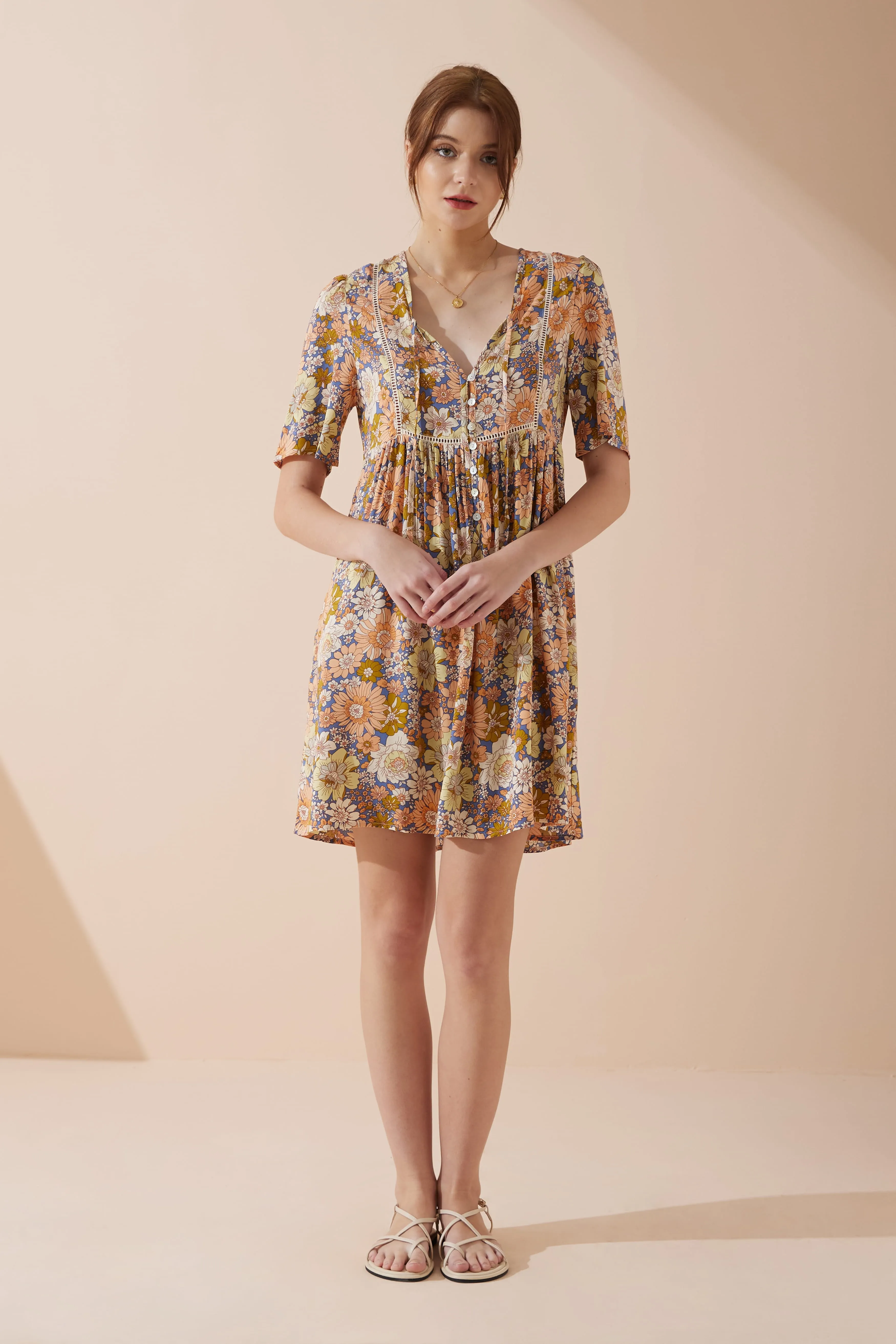 Aurelie Orange Blue Floral V-Neck Mini Dress