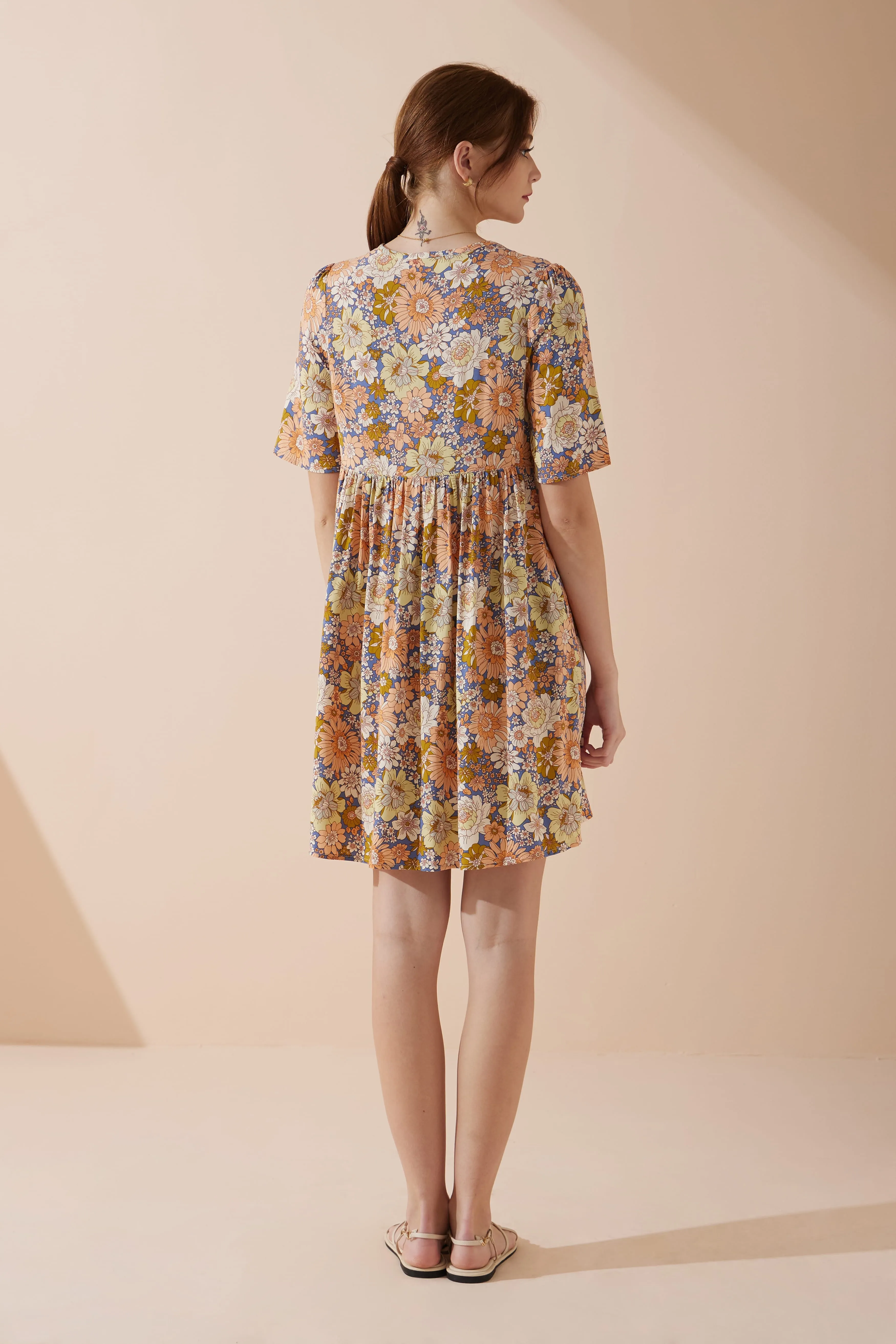Aurelie Orange Blue Floral V-Neck Mini Dress