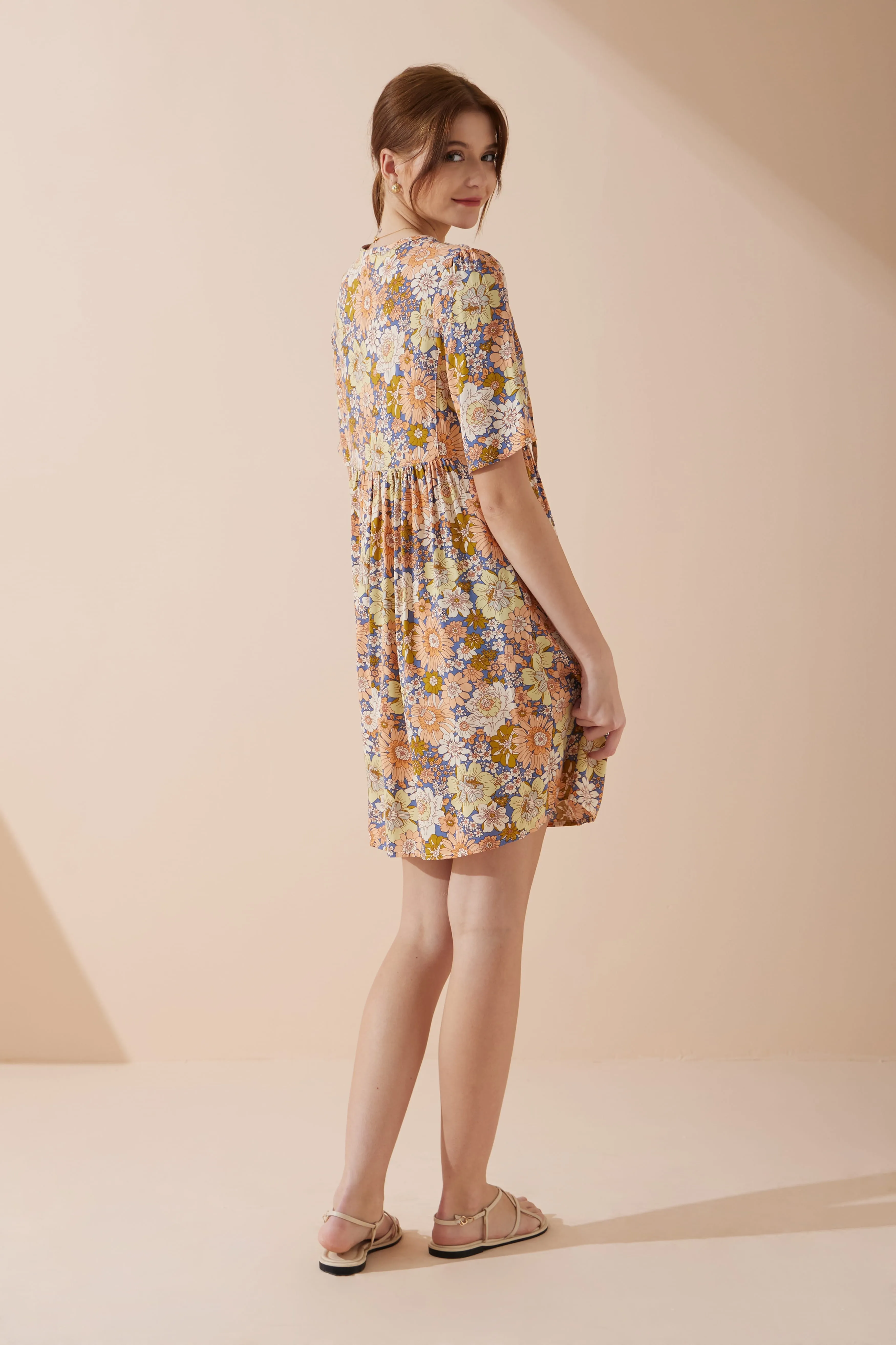 Aurelie Orange Blue Floral V-Neck Mini Dress