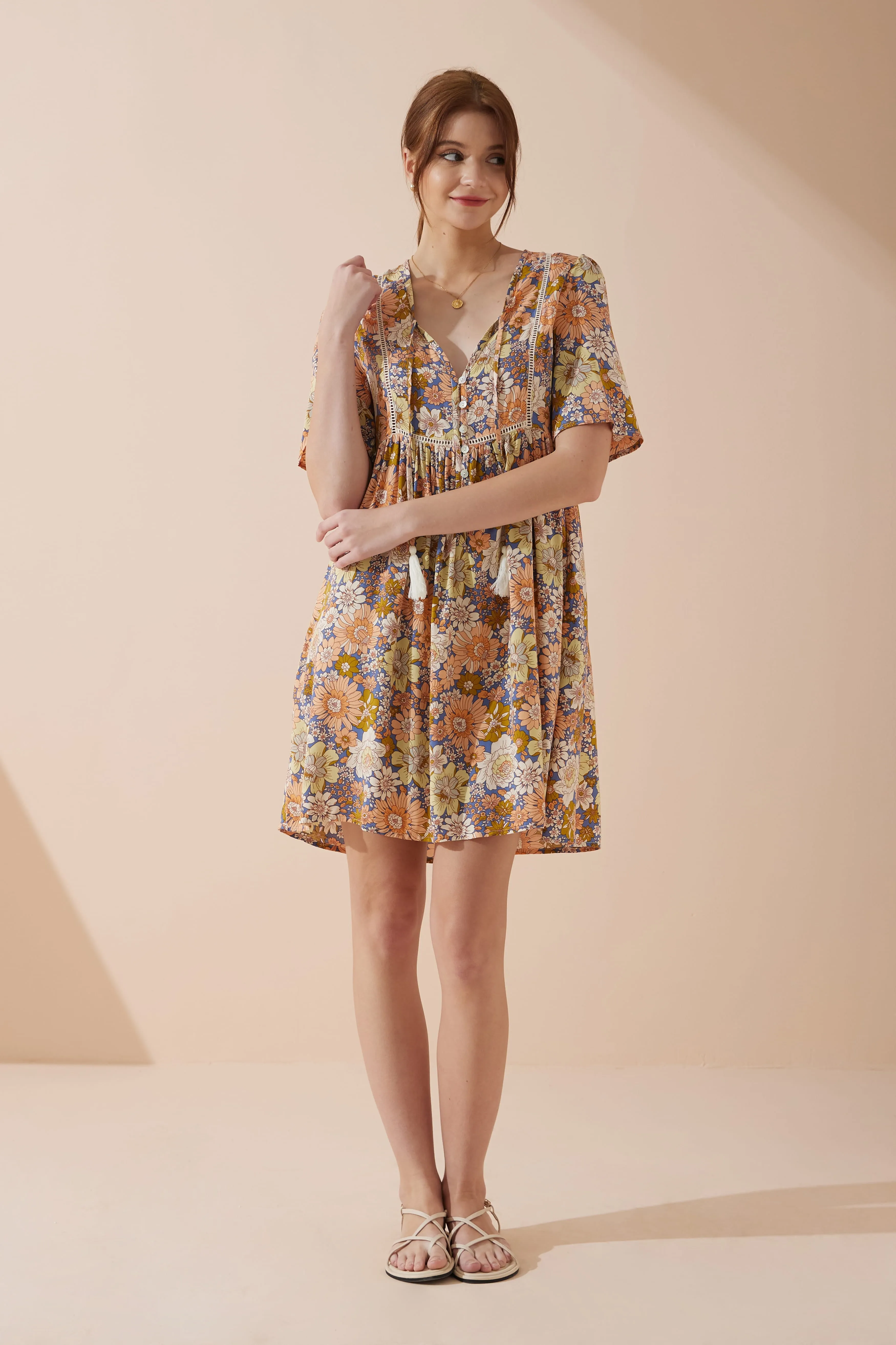 Aurelie Orange Blue Floral V-Neck Mini Dress
