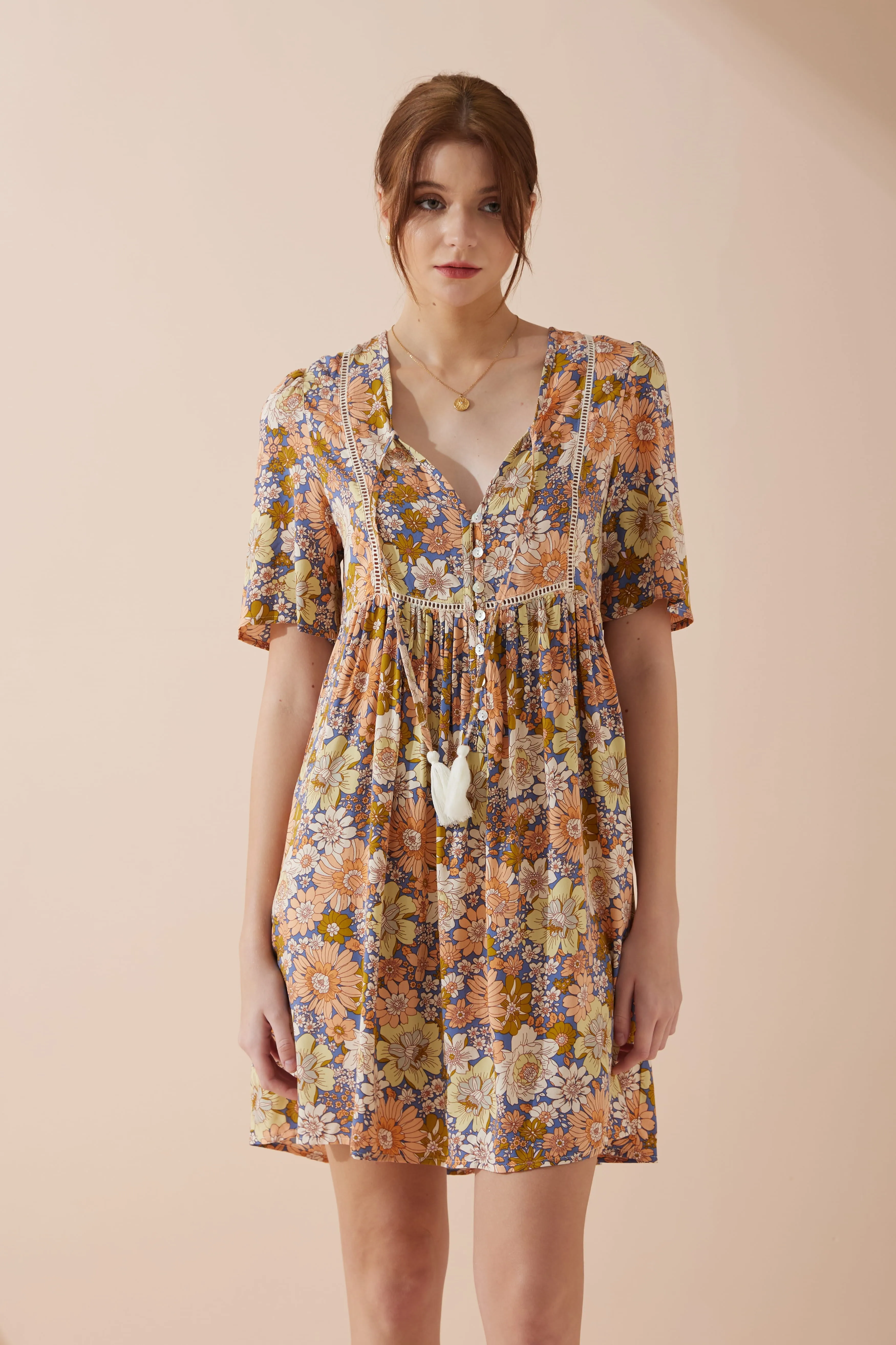 Aurelie Orange Blue Floral V-Neck Mini Dress