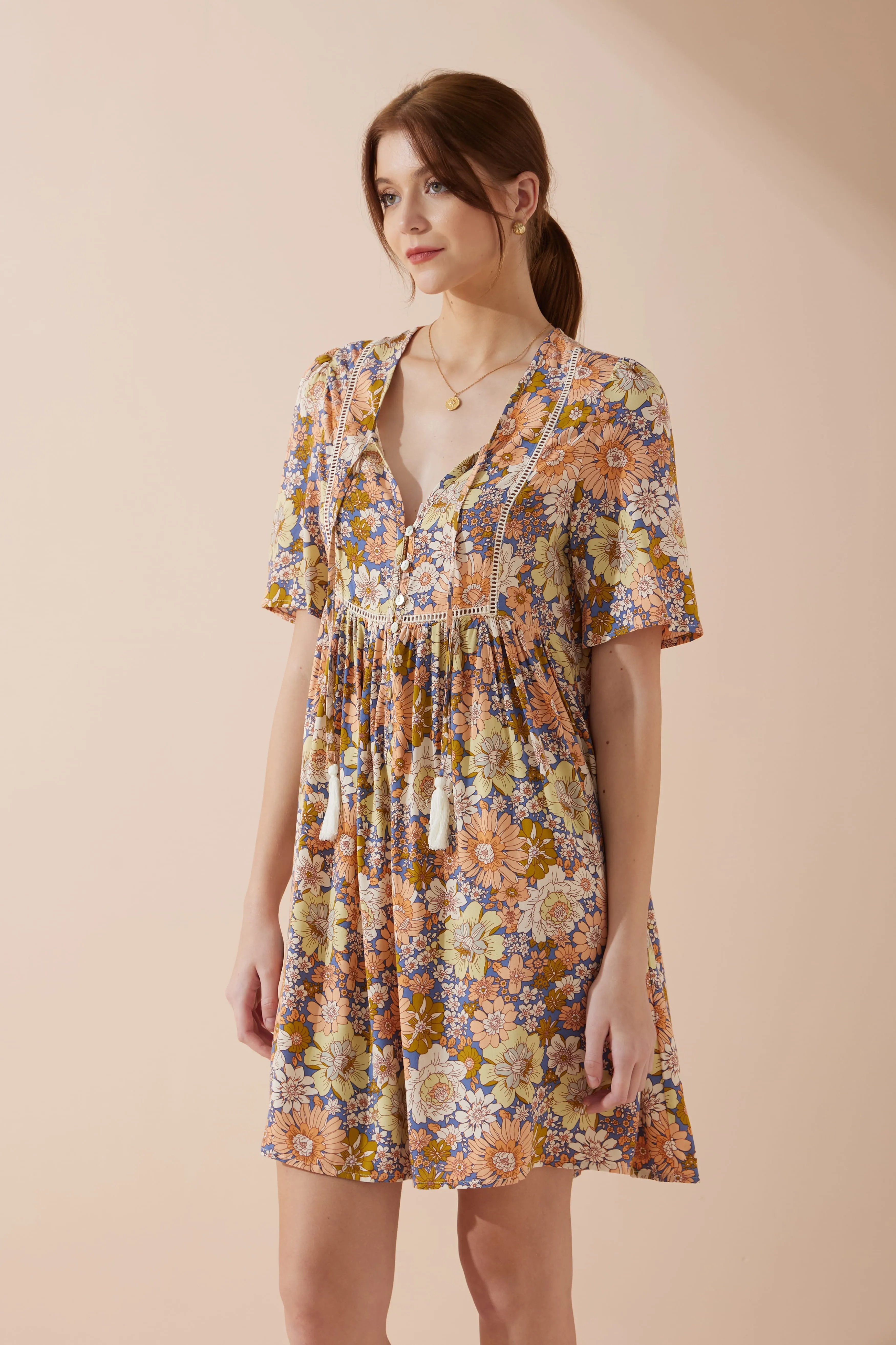 Aurelie Orange Blue Floral V-Neck Mini Dress