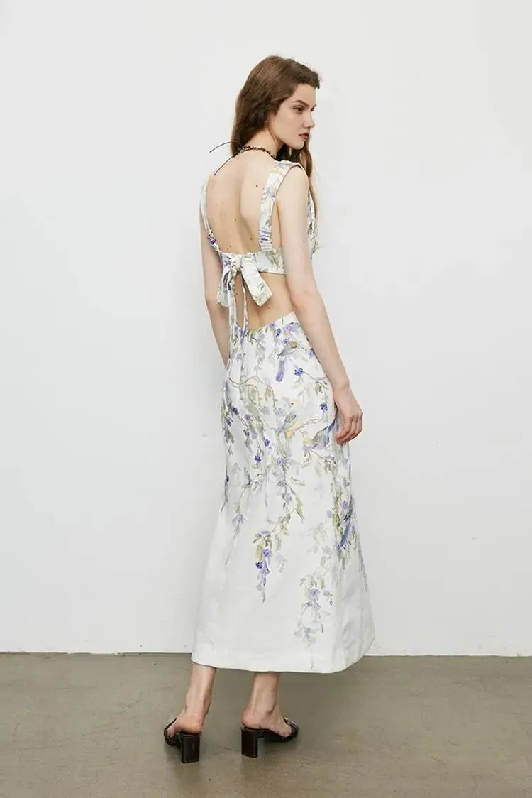 Backless Floral Linen Dress