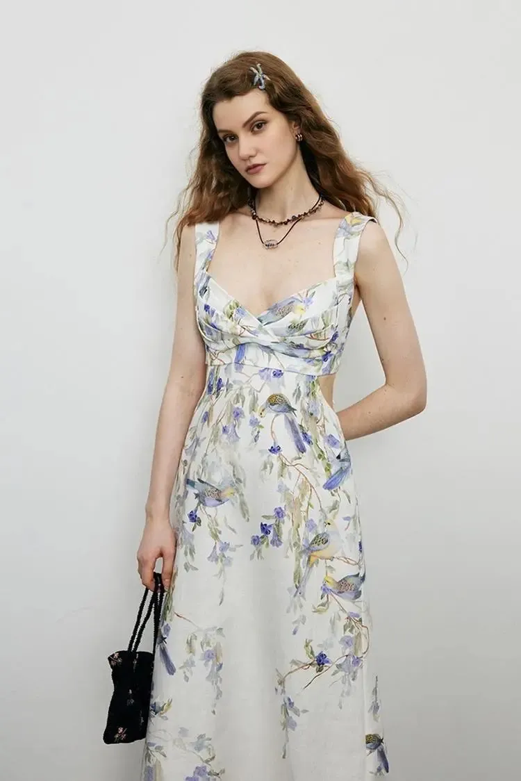 Backless Floral Linen Dress