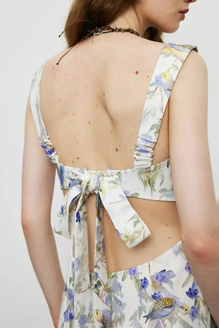 Backless Floral Linen Dress