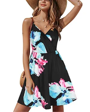 Black Pink Floral V Neck Floral Spaghetti Strap Summer Dress Casual Swing Midi Sundress with Pocket - STYLEWORD