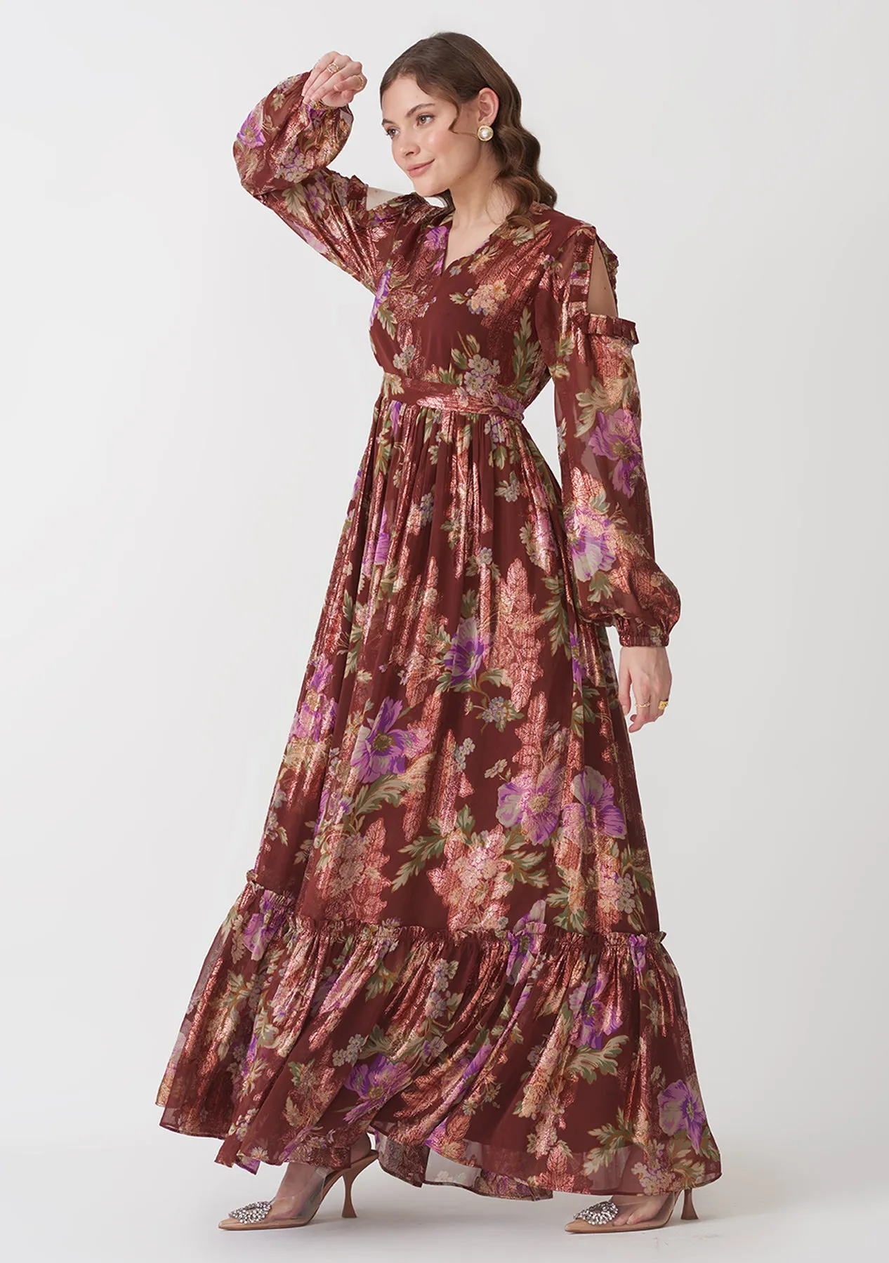 Brown Floral Printed Women's Maxi Dress