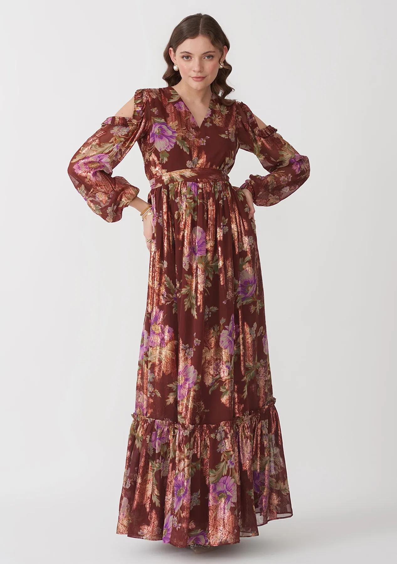 Brown Floral Printed Women's Maxi Dress