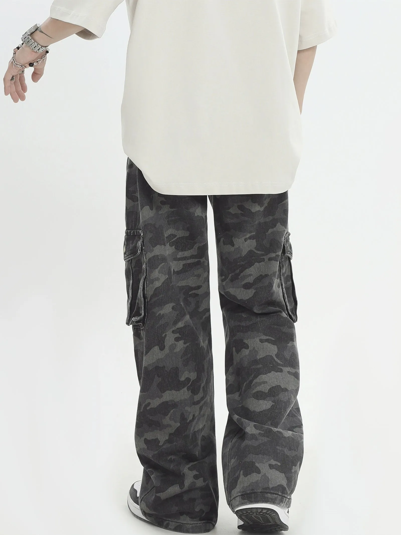 Camo Print Cargo Straight-Leg Trousers