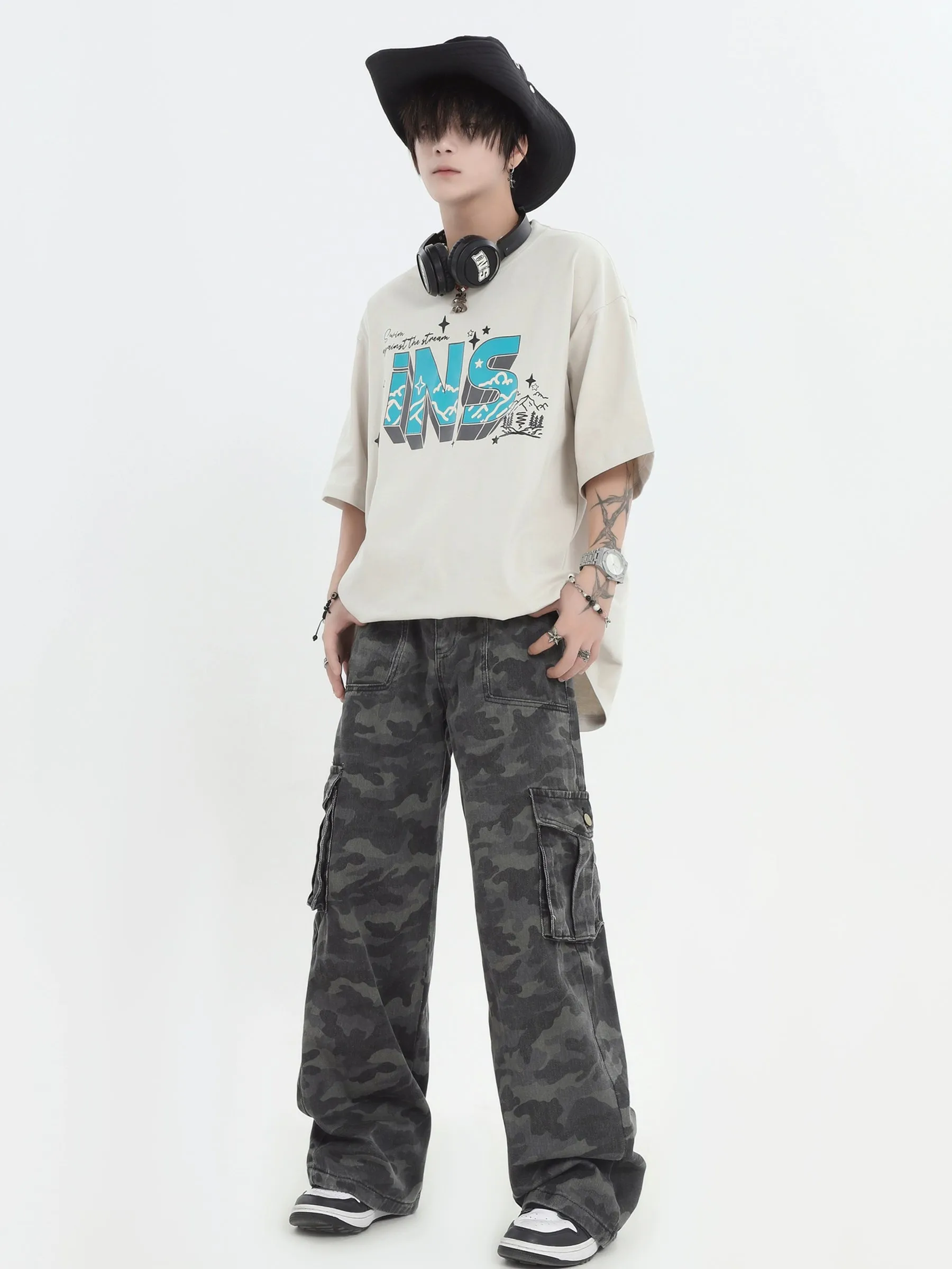 Camo Print Cargo Straight-Leg Trousers