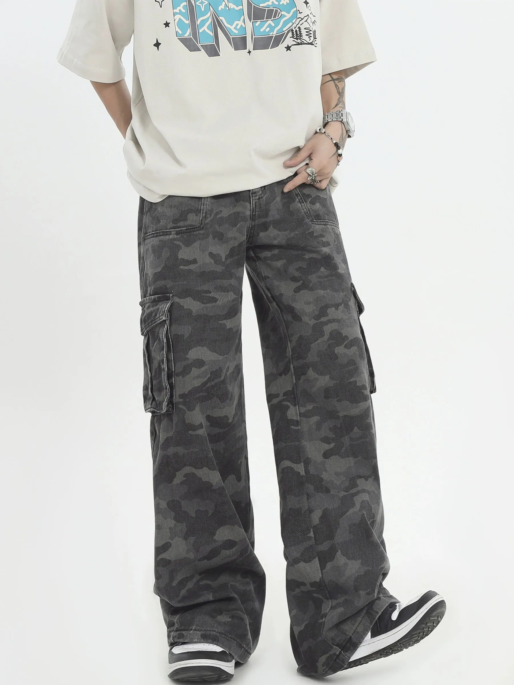 Camo Print Cargo Straight-Leg Trousers