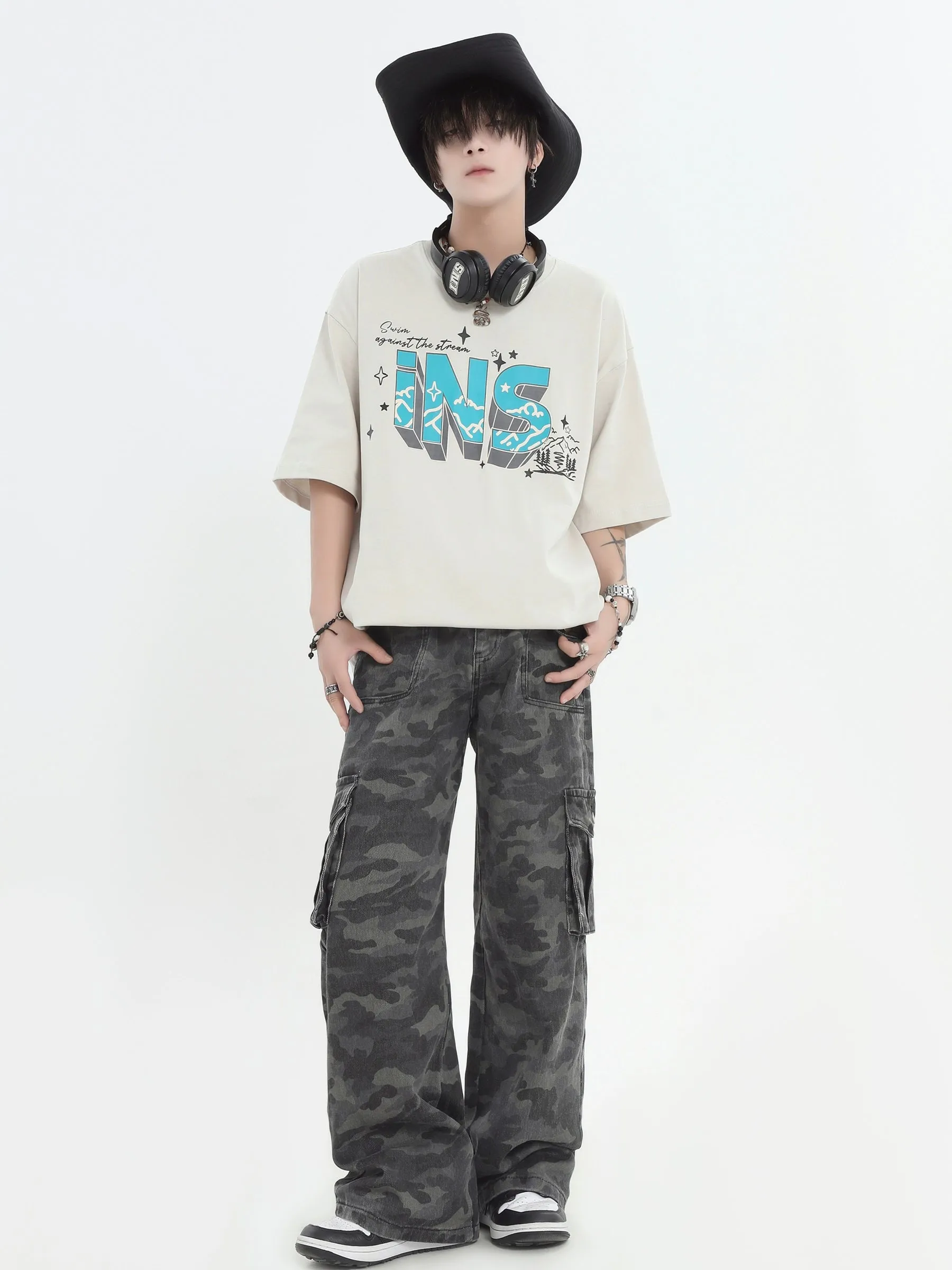 Camo Print Cargo Straight-Leg Trousers