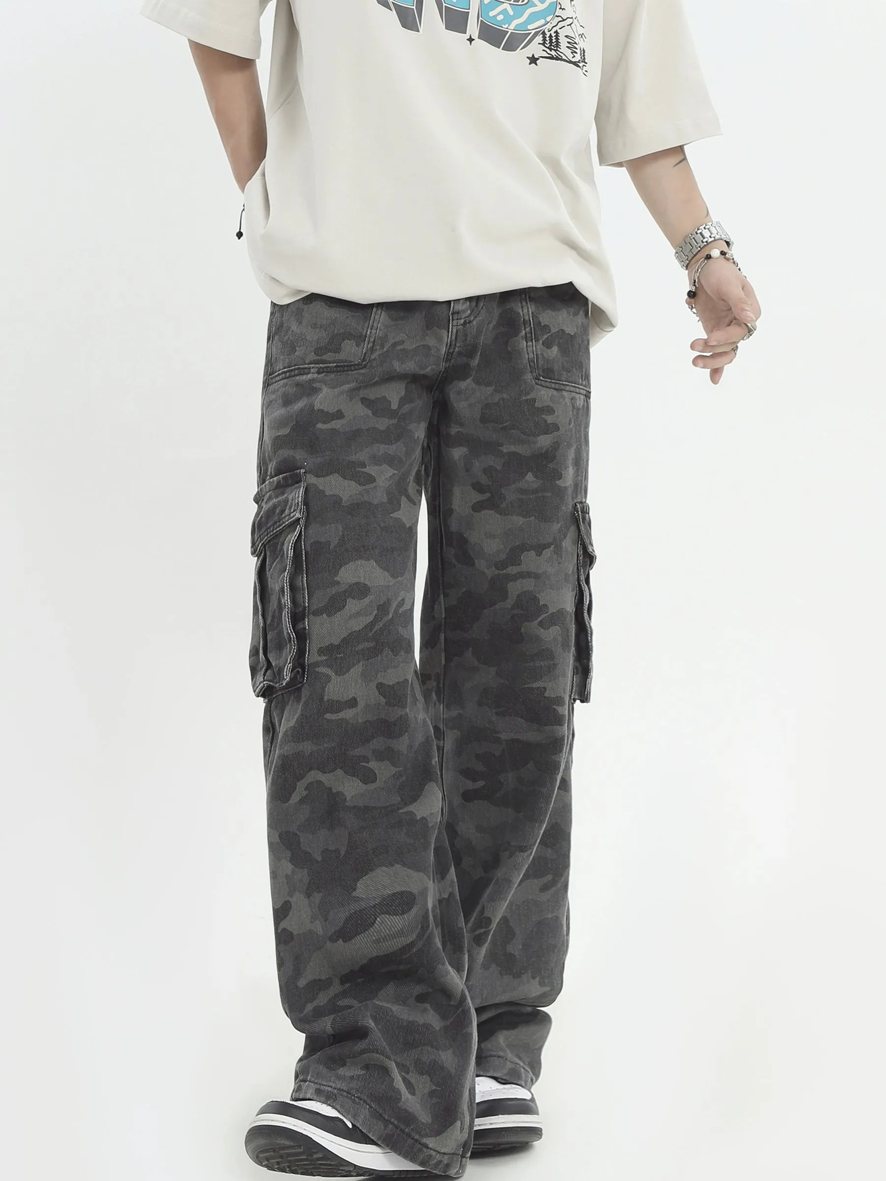 Camo Print Cargo Straight-Leg Trousers