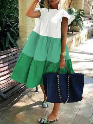 Casual Dress Sundress Midi Dress Red Blue Green Short Sleeve Color Block Patchwork Summer Spring Crew Neck Boho Party Loose Fit  S M L XL XXL 3XL for Women