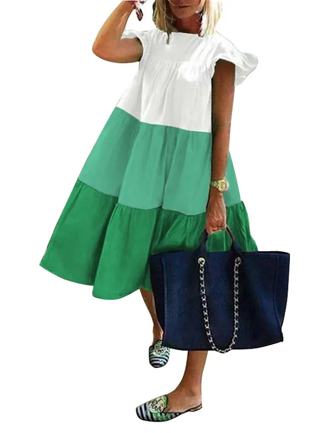 Casual Dress Sundress Midi Dress Red Blue Green Short Sleeve Color Block Patchwork Summer Spring Crew Neck Boho Party Loose Fit  S M L XL XXL 3XL for Women