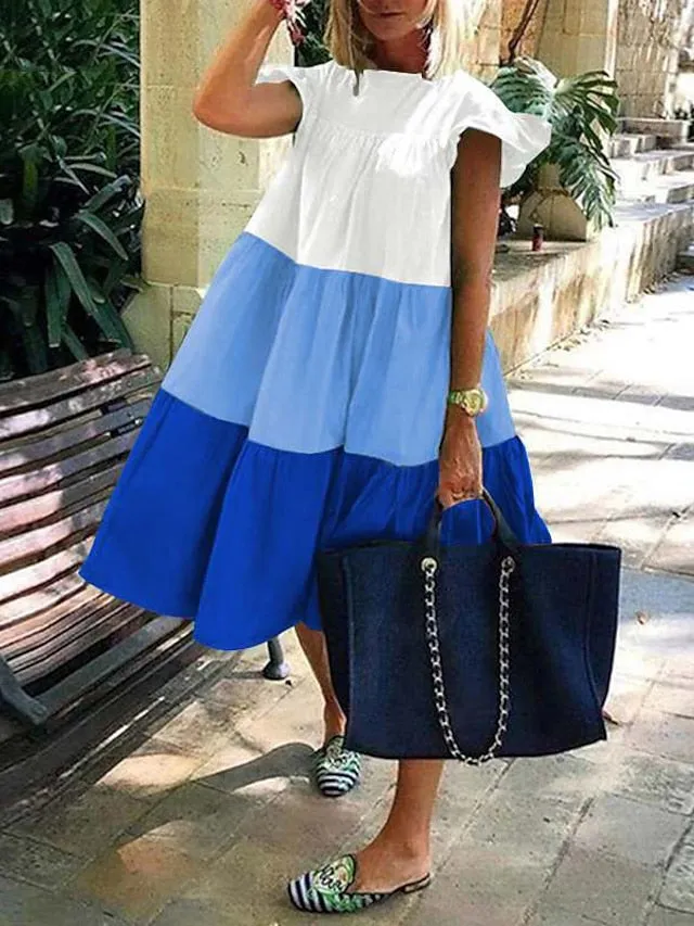 Casual Dress Sundress Midi Dress Red Blue Green Short Sleeve Color Block Patchwork Summer Spring Crew Neck Boho Party Loose Fit  S M L XL XXL 3XL for Women