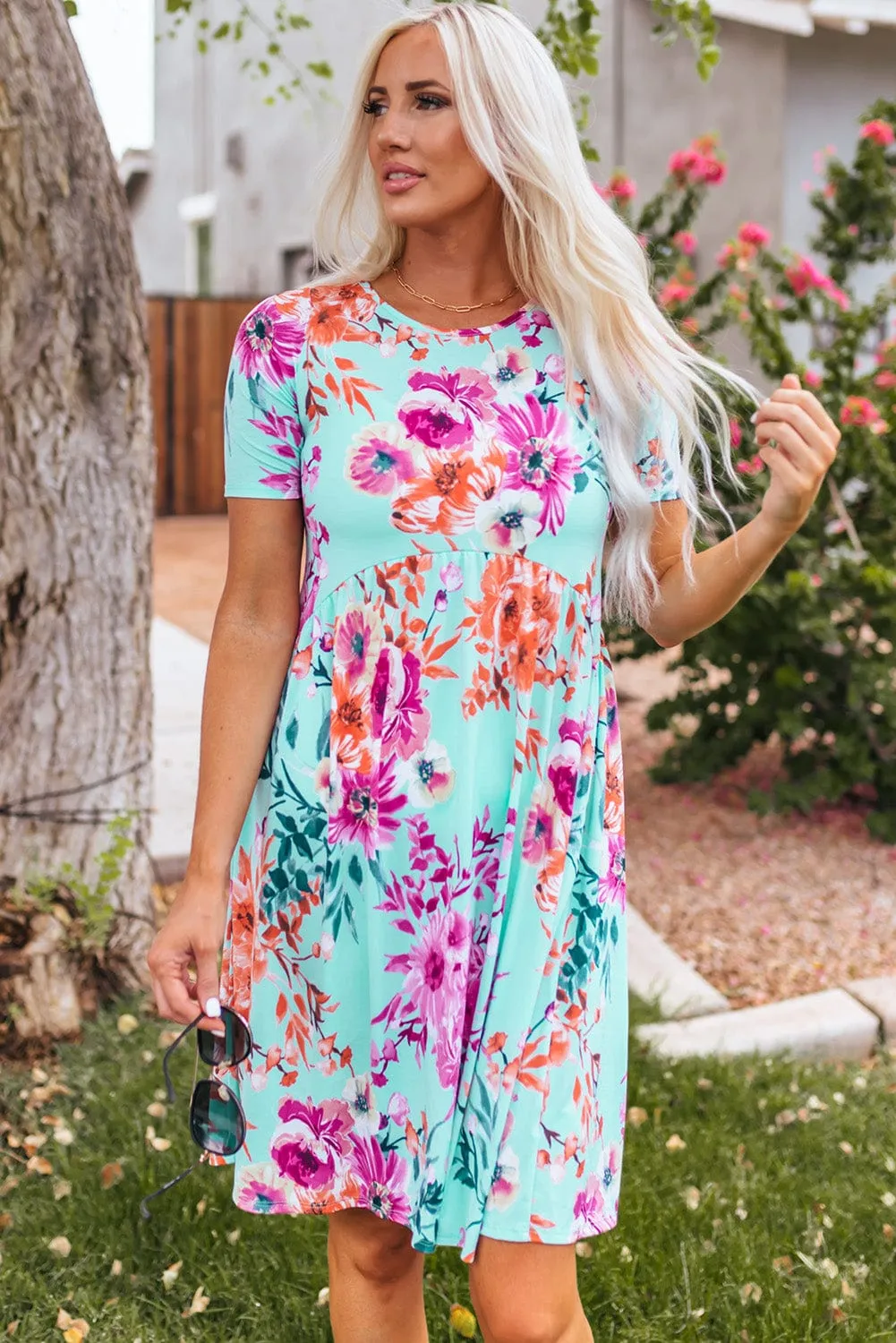 Casual Floral Print Button Pocket Short Sleeve Dress