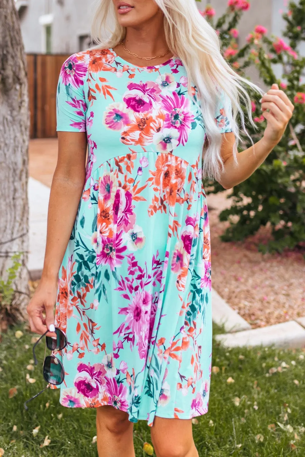 Casual Floral Print Button Pocket Short Sleeve Dress