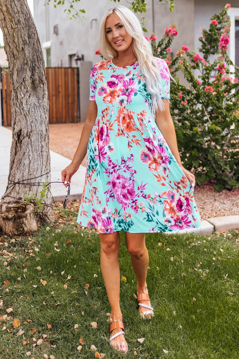 Casual Floral Print Button Pocket Short Sleeve Dress