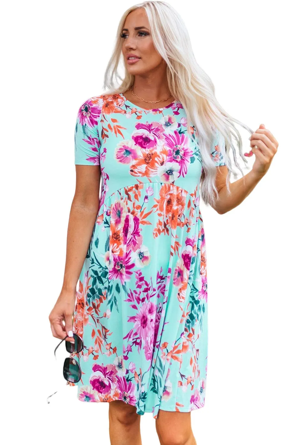 Casual Floral Print Button Pocket Short Sleeve Dress