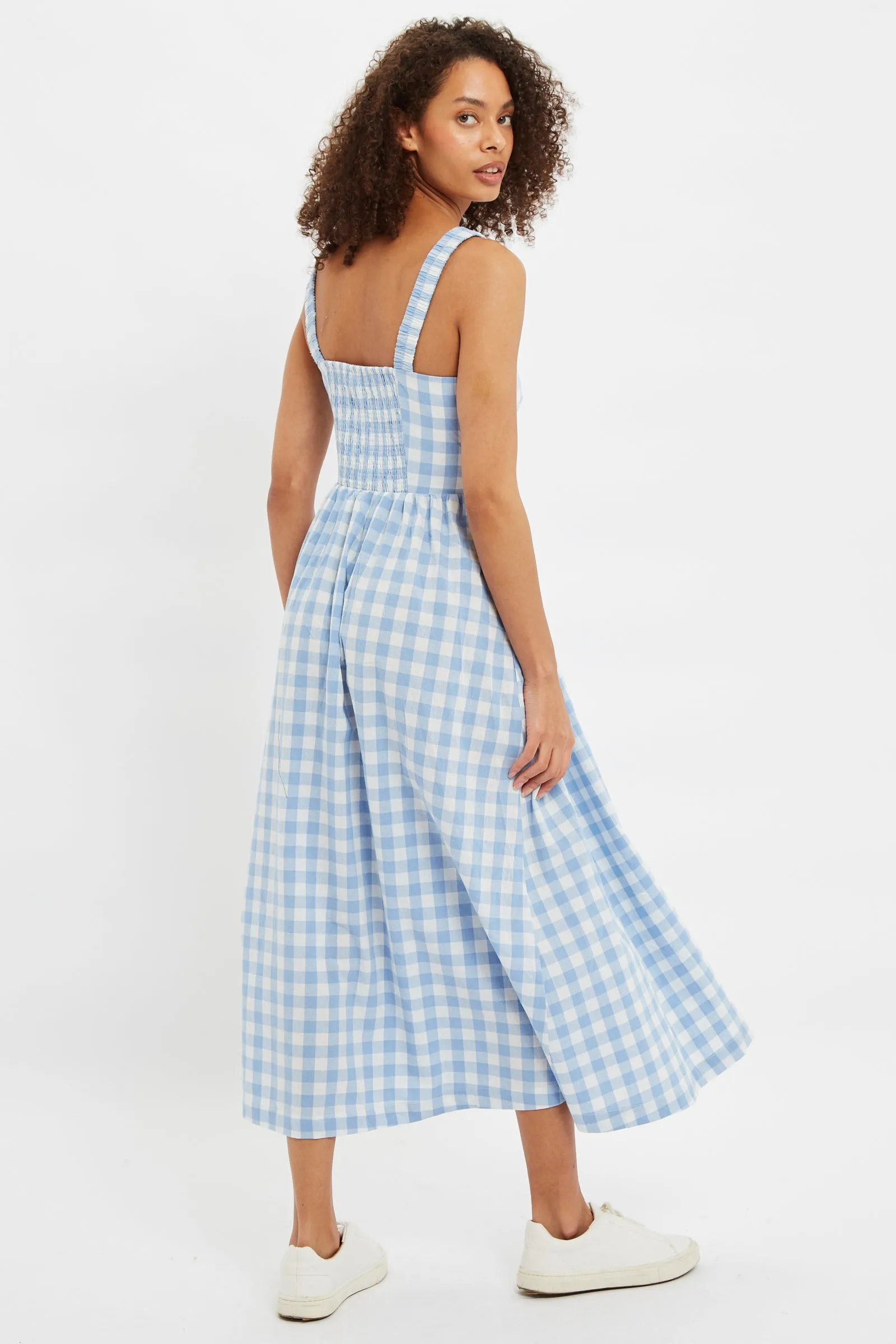 Clover Picnic Check Button Through Midi Sundress - Blue