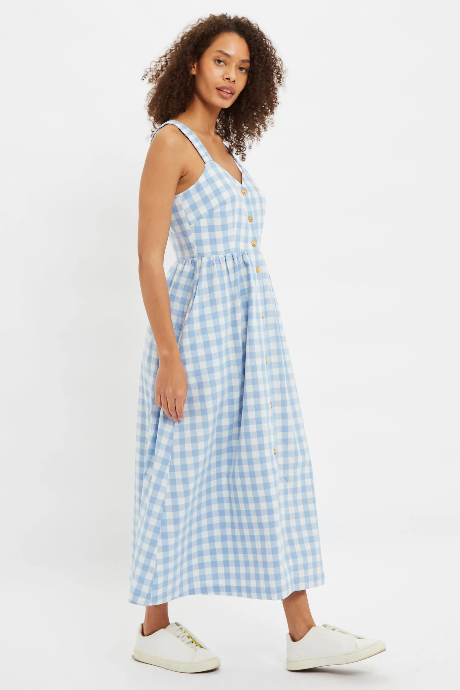 Clover Picnic Check Button Through Midi Sundress - Blue