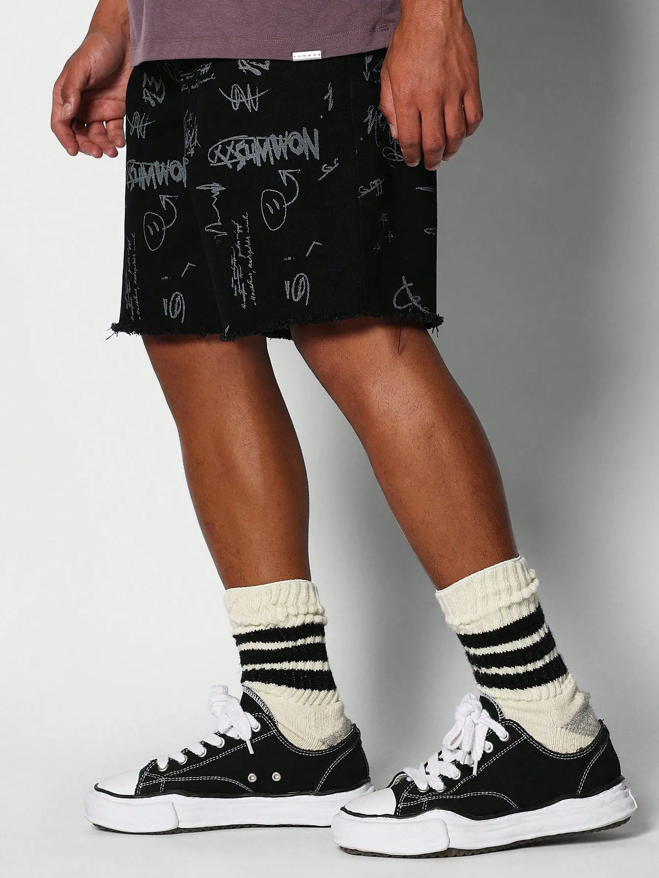 Denim Short With Raw Edge Detail And Doodle Print