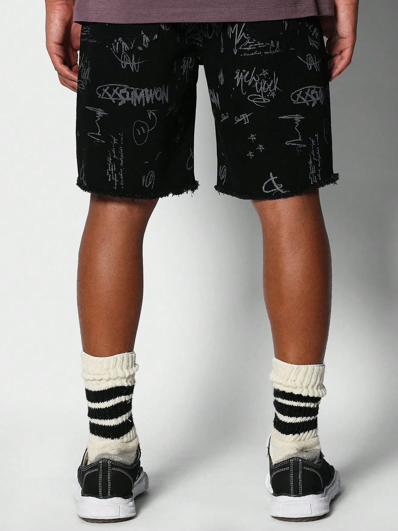 Denim Short With Raw Edge Detail And Doodle Print