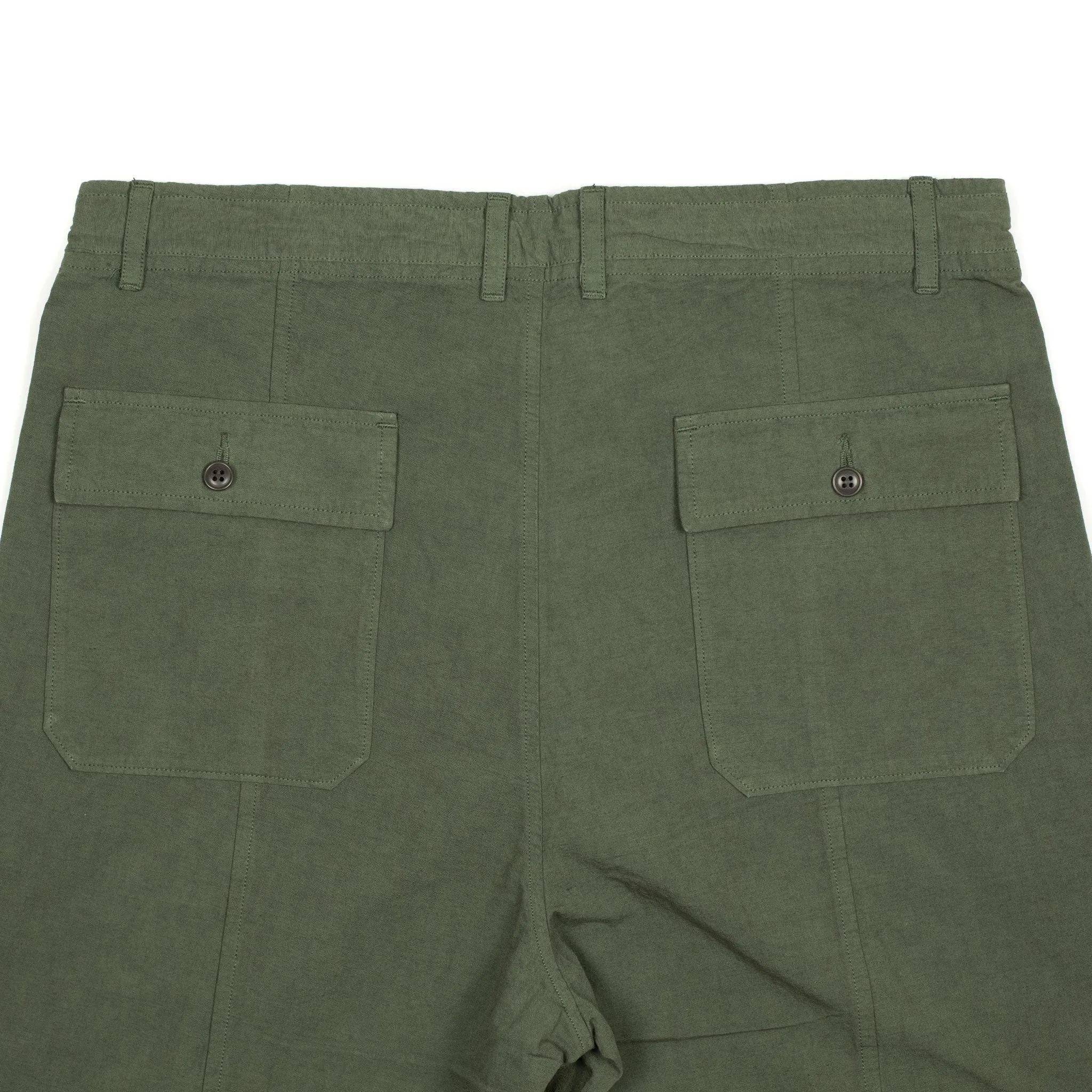 Drawstring baker pants in garment dyed olive cotton hemp