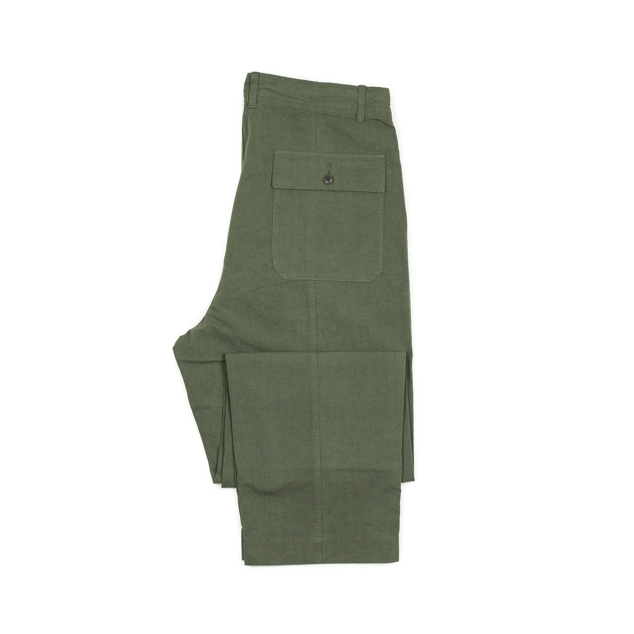 Drawstring baker pants in garment dyed olive cotton hemp