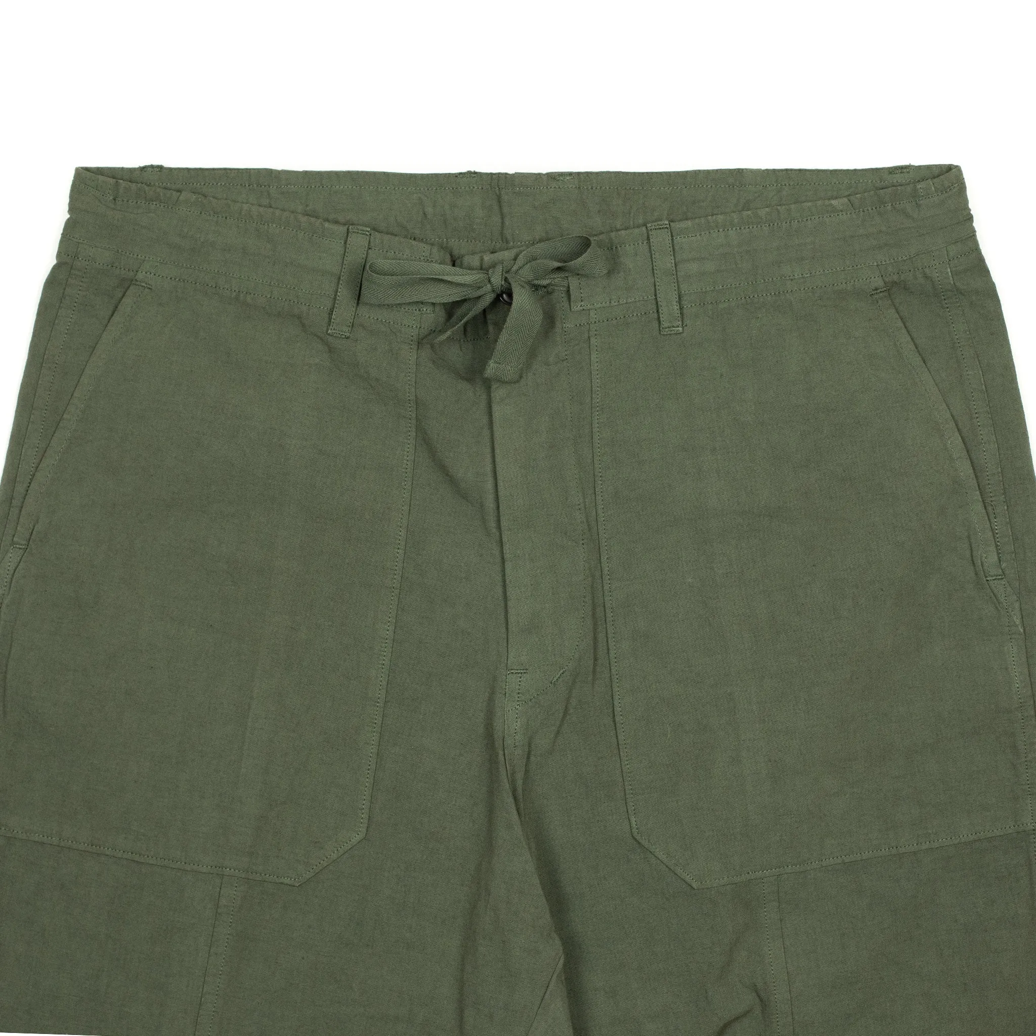 Drawstring baker pants in garment dyed olive cotton hemp