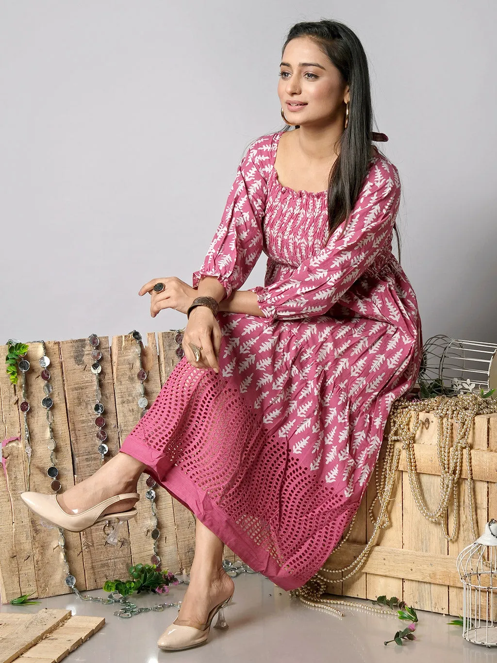 Ekisha's women printed rani cotton shiffli midi dress