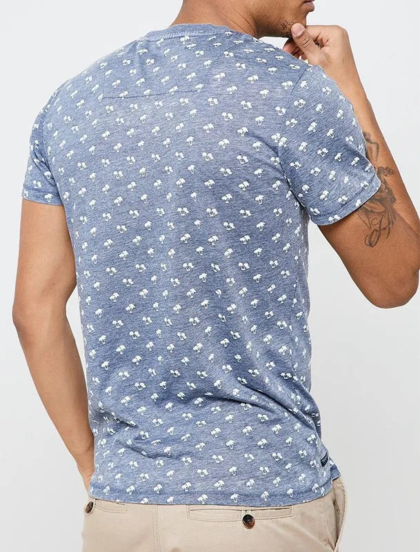 Etna Palm Tree Print Crew Neck T-Shirt in Navy