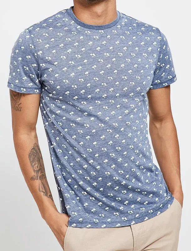 Etna Palm Tree Print Crew Neck T-Shirt in Navy