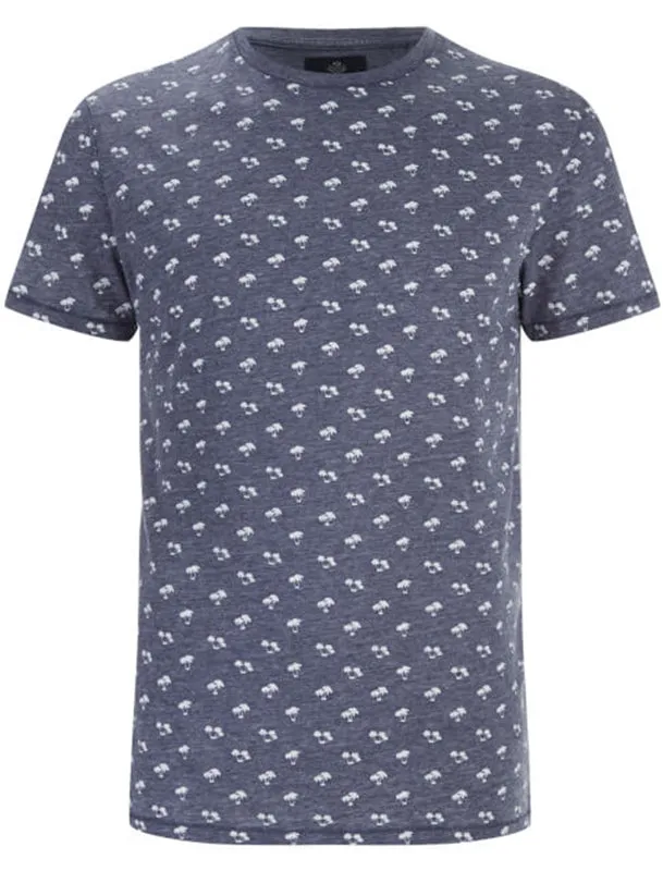 Etna Palm Tree Print Crew Neck T-Shirt in Navy