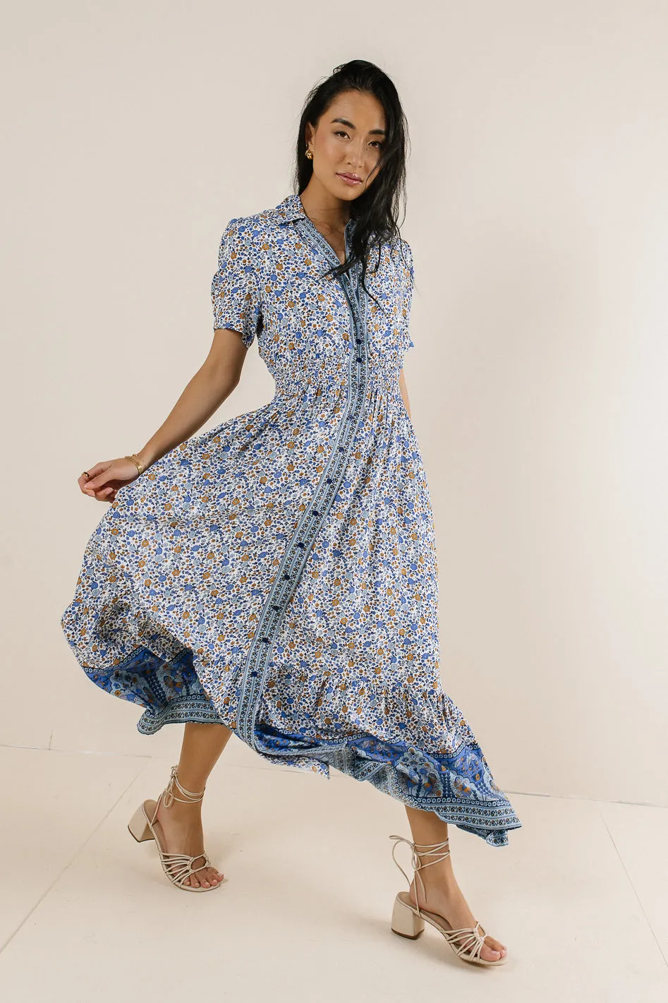 Floral Collared Button Up Dress in Indigo - FINAL SALE