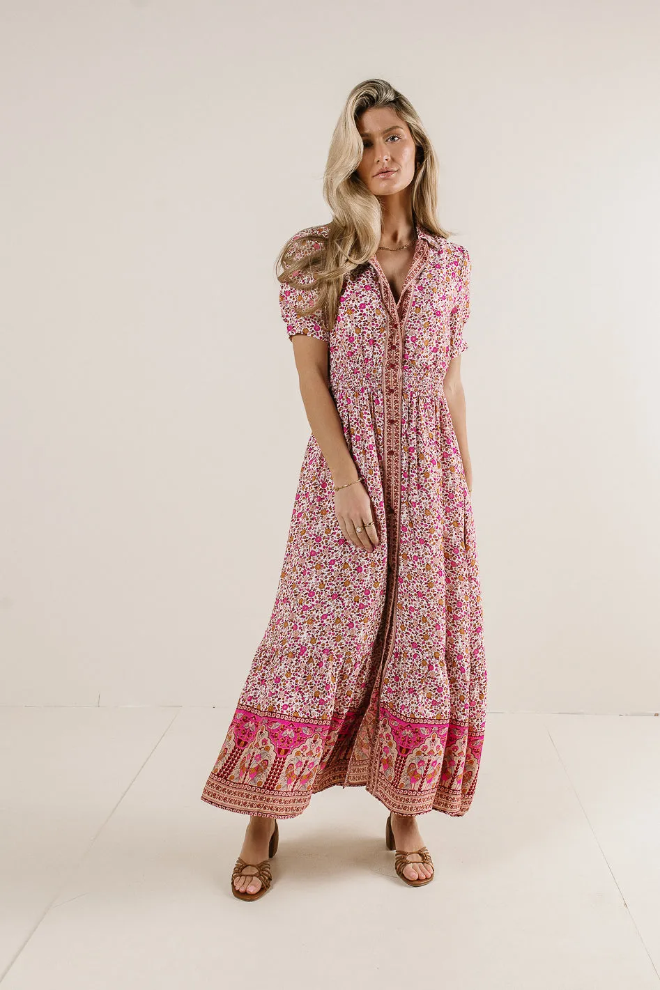 Floral Collared Button Up Dress in Pink - FINAL SALE