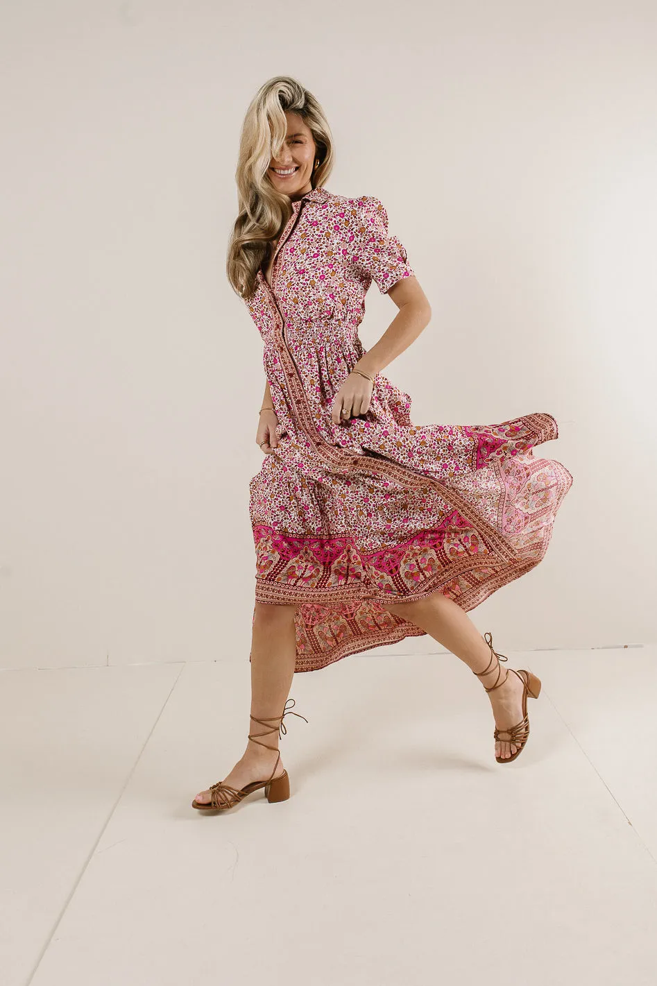 Floral Collared Button Up Dress in Pink - FINAL SALE