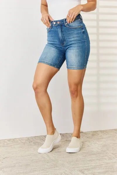Gone Fishin' Tummy Control Double Button Bermuda Denim Shorts - Judy Blue