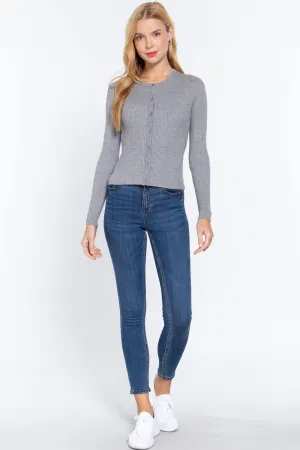 Heather Grey Button Down Long Sleeve Crew Neck Basic Cardigan Sweater_