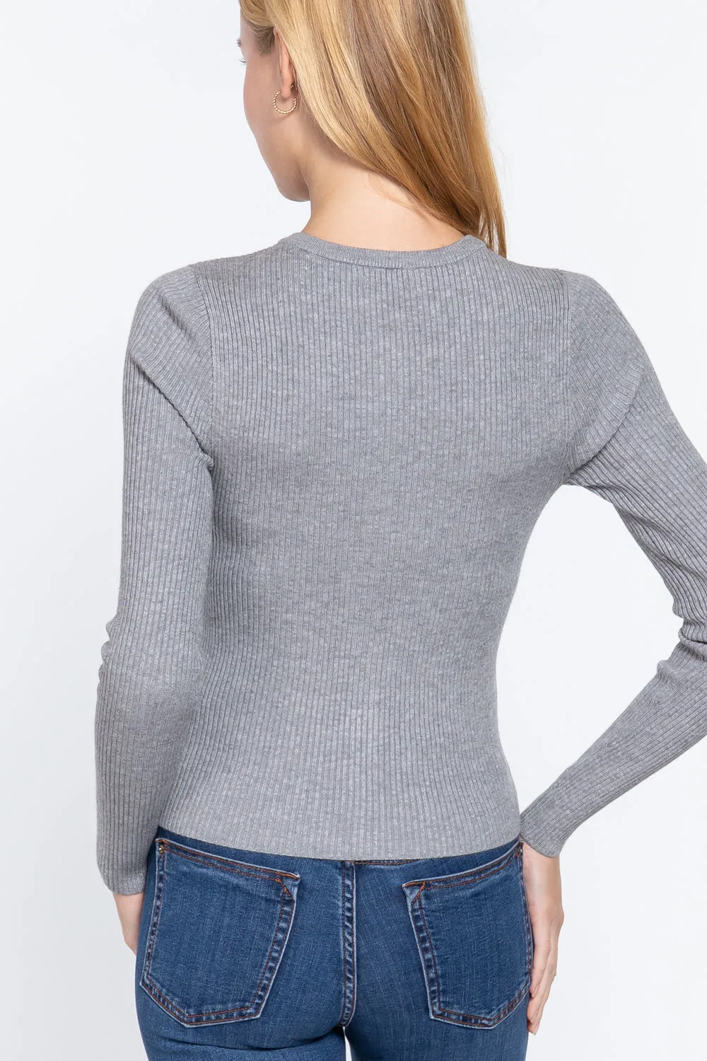 Heather Grey Button Down Long Sleeve Crew Neck Basic Cardigan Sweater_