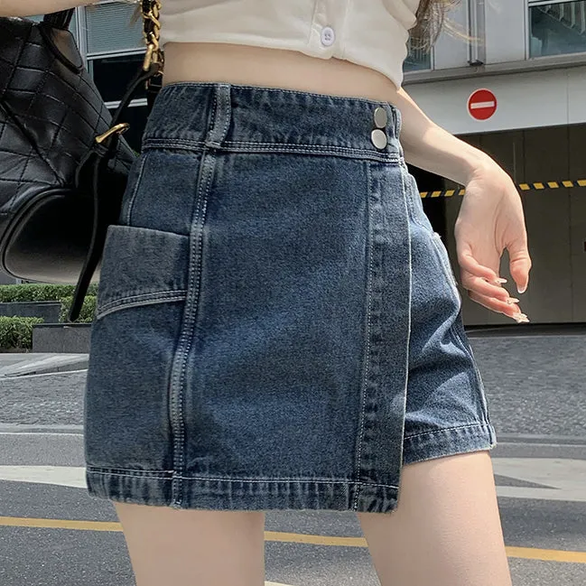 High Waist Irregular Denim Skirt Shorts